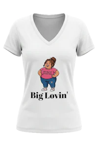 BIG LOVIN' ADULT V-NECK CARTOON TEE white woman decal